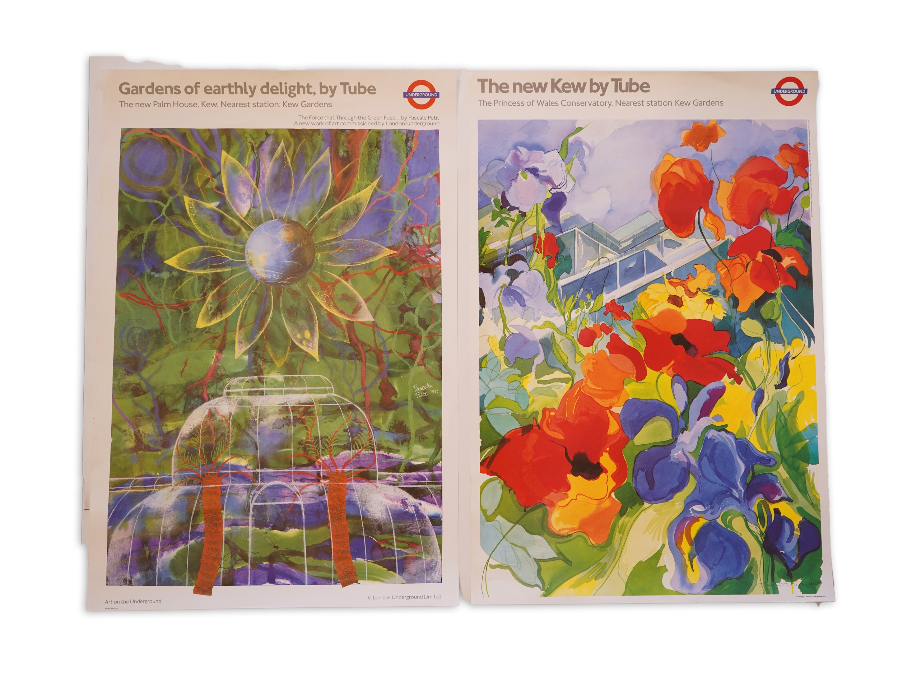 Two 1990s London Underground advertising posters promoting Kew Gardens, from the art on the underground series featuring commissioned paintings by Jennie Tuffs and Pascale Petit; ‘Gardens of earthly delight, by Tube’ and